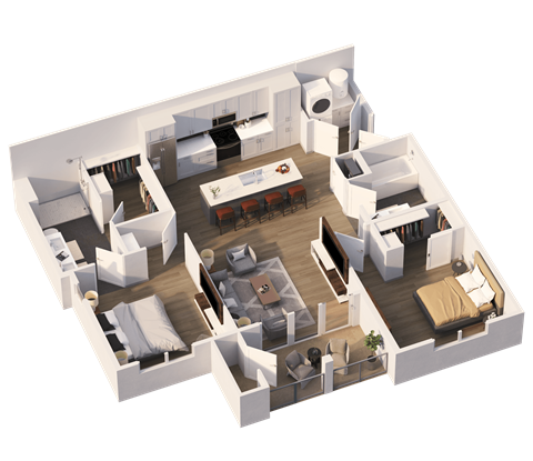 Floor plan for 2 beds, 2 baths, 1024 sqft